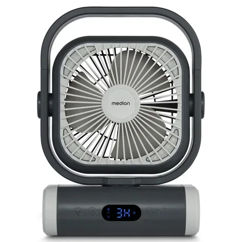 Medion, MEDION LIFE Camping Ventilator E10 TF grau, 20 W Leistung, 5 Geschwindigkeitsstufen, 110° Oszillation, 10.000 mAh Akku, als Powerbank nutzbar, LED