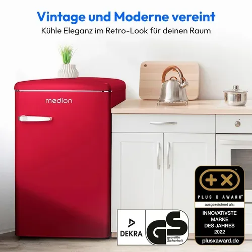 Medion, MEDION LIFE® Retro-Kühlschrank mit Gefrierfach MD 37790 Velvet Rouge, 108 L Gesamtnutzinhalt, 37 dB, höhenverstellbare Füße, Energieeffiziensklasse D