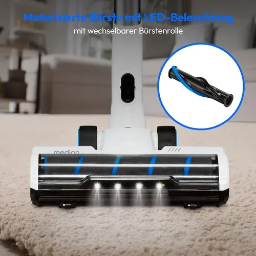 Medion, MEDION P400 W+ Akku-Stielstaubsauger mit elektrischem Wischaufsatz, beutellose Zyklon-Technologie, max. Saugleistung 26 kPa, 700 ml Staubbehälterkapazität, inkl. Austauschakku, integriertes Zubehör und Ladestation