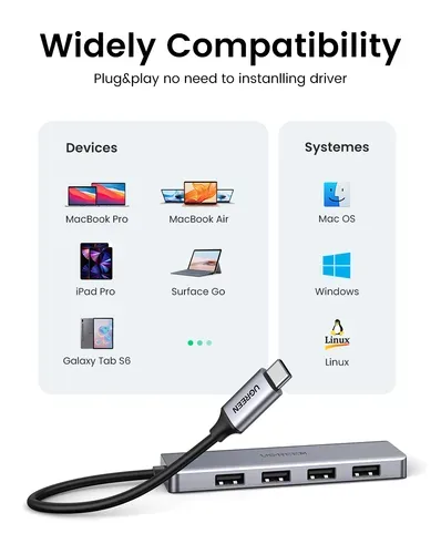 UGREEN, UGREEN USB-C Hub 4in1, Silver 70336 4xUSB-A