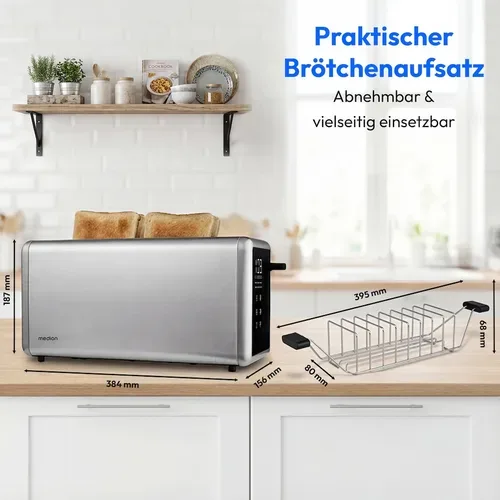 Medion, MEDION LIFE Toaster MD12103 silber, 2 lange Toastschlitze für bis zu 4 Toasts, LED Sensor-Touch-Display, 7 Bräunungsstufen und 5 Automatikprogramme