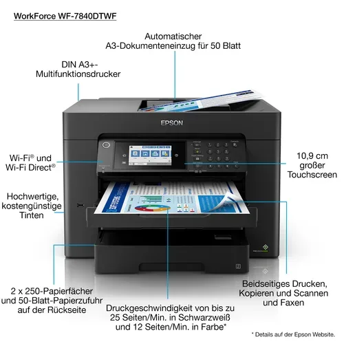Epson, Espon WorkForce WF-7840DTWF Multifunktionsdrucker A3 Schwarz