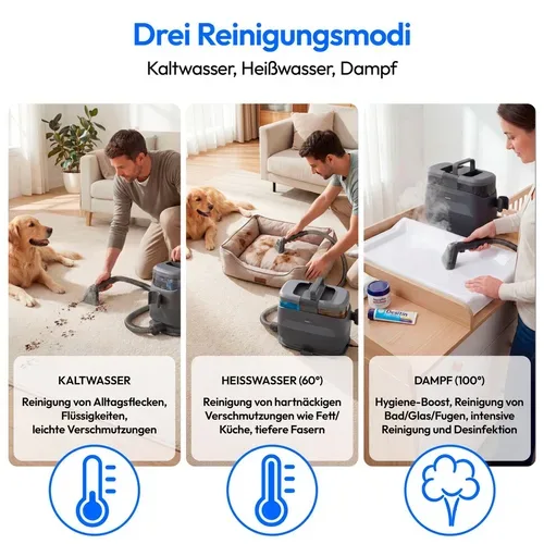 Medion, MEDION X10 UC Polster- und Teppichreiniger (MD100123), 3 Reinigungsmodi, 12 kPa Saugkraft, 1250 ml Frischwassertank, 950 ml Schmutzwassertank, IPX4, mit Tragegriff und Rollen
