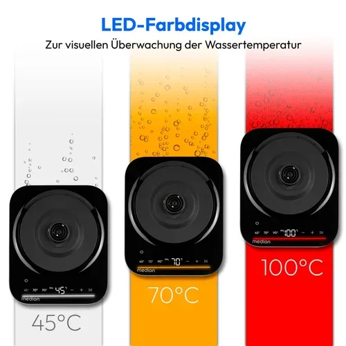 Medion, MEDION LIFE Digitaler Wasserkocher MD12106 schwarz, 2.200 Watt Leistung, 1,5 Liter Kapazität, LED-Display, LED-leuchtbalken, automatische Programme, Kindersicherung