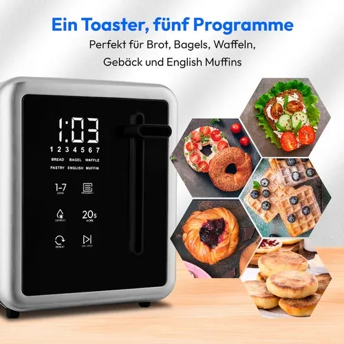 Medion, MEDION LIFE Toaster MD12103 silber, 2 lange Toastschlitze für bis zu 4 Toasts, LED Sensor-Touch-Display, 7 Bräunungsstufen und 5 Automatikprogramme
