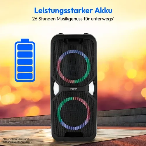 Medion, MEDION LIFE PE-1 Pure Partylautsprecher, PLL-UKW Radio, Bluetooth® 5.4, satter Sound, verschiedene Lichteffekte, X-Bass Bassanhebung, inkl. Mikrofon, 2 x 25 W RMS Ausgangsleistung