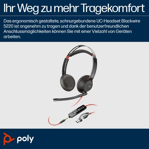HP Poly, HP Poly Headset Blackwire C5220 Stereo USB- On Ear Headset Stereo Schwarz Noise Cancelling Computer