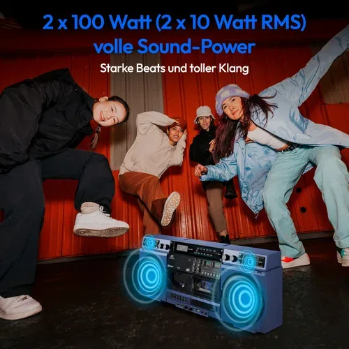 Medion, MEDION LIFE P66538 Retro-Boombox blau, DAB+/PLL-UKW Radio, Bluetooth® 5.3 für das Abspielen von Smartphone & Co, CD-Player, Kassettendeck, X-Bass Funktion, 2 x 10 W RMS