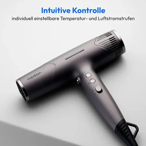 Medion, MEDION LIFE HD2 Haartrockner mit Ionen-Technologie grau, 1.500 Watt, Selbstreinigungsfunktion, Vielseitige Aufsätze: Stylingdüsen und Diffusor, 3 Temperatur- und 3 Luftstromstufen