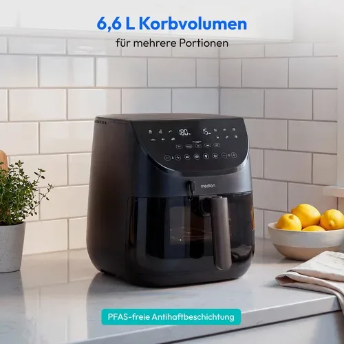 Medion, MEDION LIFE Heißluftfritteuse X20 XL (MD13060), Temperaturfühler, MEDION Life+ App, Touch-Sensor- Bedienfeld, 6,6 L Fassungsvermögen, 10 Automatikprogramme, 5 Fleischprogramme
