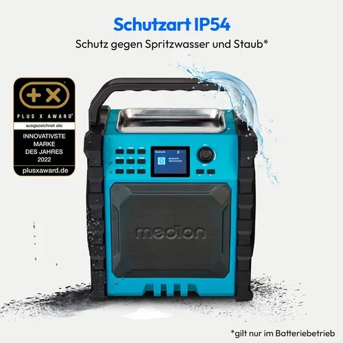 Medion, MEDION LIFE P66896 Premium Baustellenradio, 6,1 cm (2,4'') Farbdisplay, Bluetooth® 5.3, DAB+/UKW Radio, integr. Akku für bis zu 10 Stunden Laufzeit, zwei Passivradiatoren, 30 W RMS
