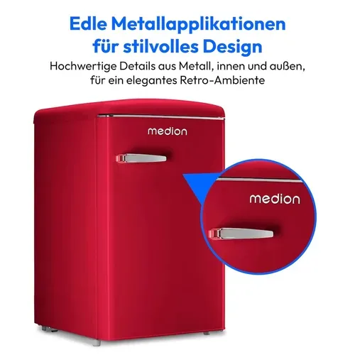 Medion, MEDION LIFE® Retro-Kühlschrank mit Gefrierfach MD 37790 Velvet Rouge, 108 L Gesamtnutzinhalt, 37 dB, höhenverstellbare Füße, Energieeffiziensklasse D
