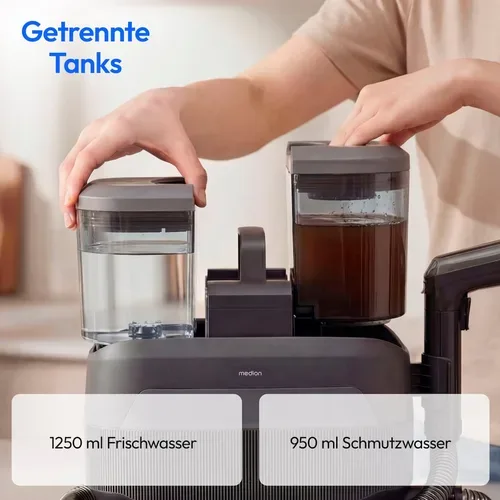 Medion, MEDION X10 UC Polster- und Teppichreiniger (MD100123), 3 Reinigungsmodi, 12 kPa Saugkraft, 1250 ml Frischwassertank, 950 ml Schmutzwassertank, IPX4, mit Tragegriff und Rollen
