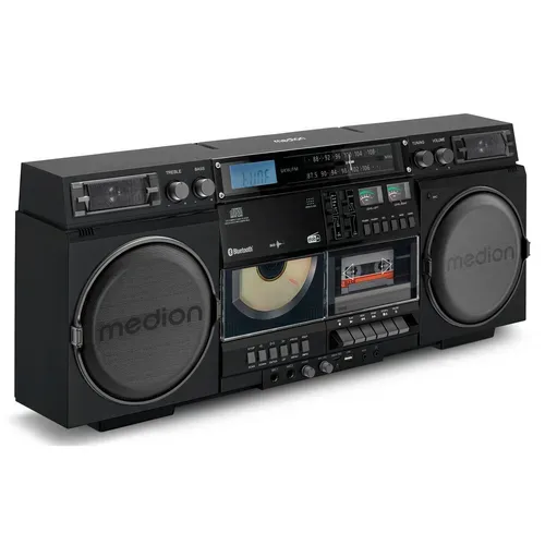 Medion, MEDION LIFE P66538 Retro-Boombox schwarz, DAB+/PLL-UKW Radio, Bluetooth® 5.3 für das Abspielen von Smartphone & Co, CD-Player, Kassettendeck, X-Bass Funktion, 2 x 10 W RMS