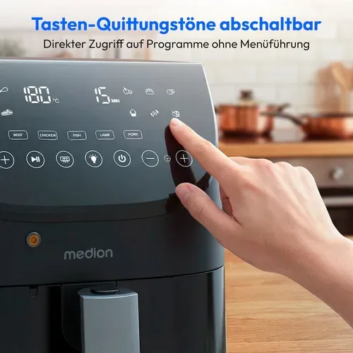 Medion, MEDION LIFE Heißluftfritteuse X20 XL (MD13060), Temperaturfühler, MEDION Life+ App, Touch-Sensor- Bedienfeld, 6,6 L Fassungsvermögen, 10 Automatikprogramme, 5 Fleischprogramme