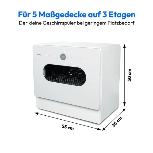 Medion, MEDION LIFE Tischgeschirrspüler DWT51 (MD 37766), 7 Reinigungsprogramme, Eimer-Funktion und Wasseranschluss, für 5 Gedecke, EasyFit Design, Touch-Bedienfeld, LED-Display