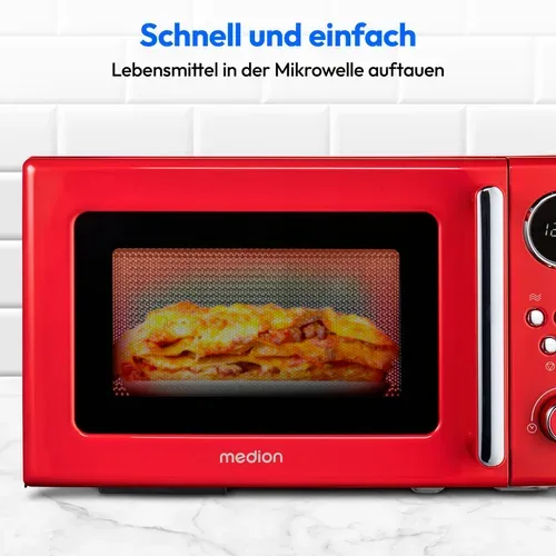 Medion, MEDION Retro-Mikrowelle MD 15000, rot, 800 W Leistung, 20 L kompakt, 5 Mikrowellenstufen, Auftaufunktion, Timerfunktion, stilvolles Retro-Design