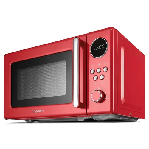 Medion, MEDION Retro-Mikrowelle MD 15000, rot, 800 W Leistung, 20 L kompakt, 5 Mikrowellenstufen, Auftaufunktion, Timerfunktion, stilvolles Retro-Design