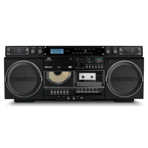 Medion, MEDION LIFE P66538 Retro-Boombox schwarz, DAB+/PLL-UKW Radio, Bluetooth® 5.3 für das Abspielen von Smartphone & Co, CD-Player, Kassettendeck, X-Bass Funktion, 2 x 10 W RMS