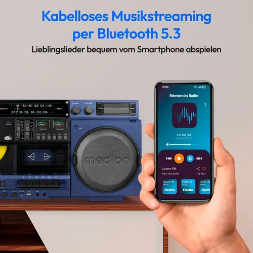 Medion, MEDION LIFE P66538 Retro-Boombox blau, DAB+/PLL-UKW Radio, Bluetooth® 5.3 für das Abspielen von Smartphone & Co, CD-Player, Kassettendeck, X-Bass Funktion, 2 x 10 W RMS