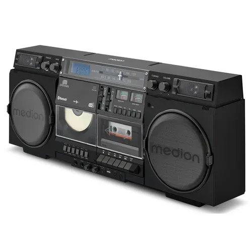 Medion, MEDION LIFE P66538 Retro-Boombox schwarz, DAB+/PLL-UKW Radio, Bluetooth® 5.3 für das Abspielen von Smartphone & Co, CD-Player, Kassettendeck, X-Bass Funktion, 2 x 10 W RMS
