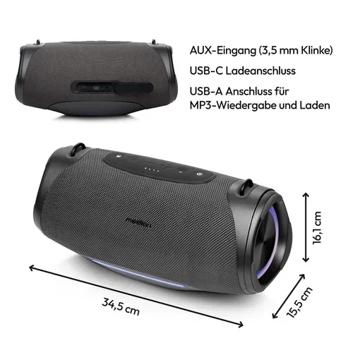 Medion, MEDION LIFE P61762 Tragbarer Bluetooth® Lautsprecher L anthrazit, Dual Illuminated & Lightstrip (RGB-Lichteffekte), Bluetooth® 5.3, integrierter Akku mit bis zu 47 Stunden Laufzeit, robustes & mobiles Design, 2 x 25 W RMS