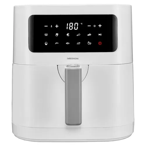 Medion, MEDION LIFE E40 XL Heißluftfritteuse MD 11740 weiß, 100 Rezepte in der Life+ App, ölfreies Frittieren, 9 Automatikprogramme, 5,2 L Korbvolumen