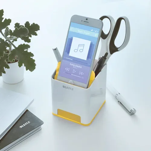 Leitz, Stiftehalter Leitz WOW Sound, 1 Fach, Smartphone-Fach mit Soundverstärkung, weiss/gelb
