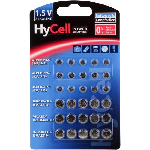 HyCell, HyCell Knopfzellen-Set je 5x AG 1, AG 3, AG 4, AG 10, AG 12, AG 13