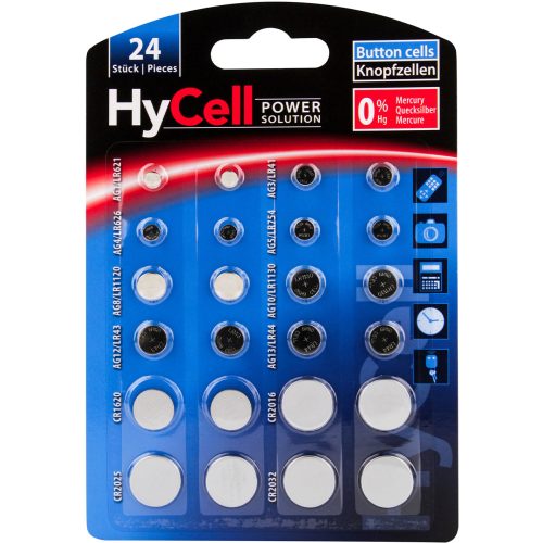 HyCell, HyCell Knopfzellen-Set je 2x AG 1, AG 3, AG 4, AG 5, AG 8, AG 10, AG 12, AG 13, sowie je 2x CR 1620, CR 2016, CR 2025,