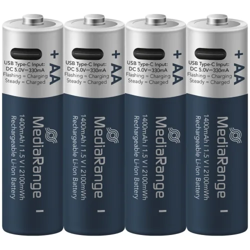 4er-Set Li-Ion-Akkus AA mit USB-C, 1,5 V, 1400 mAh