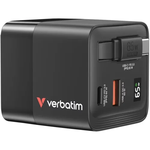 Verbatim, Verbatim GaN Charger 65 W Reiseladeadapter 65 W 1x USB-A, 1x USB-C® USB PD, USB PD 3.0, QC 3.0 Schwarz Schnellladegerät,