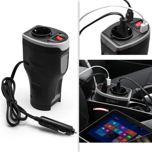 Technaxx, Technaxx Wechselrichter TE13 200 W 12 V/DC - 230 V/AC, 5 V/DC Dosenform für Getränkehalter