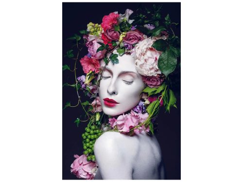 image LAND Digitaldruck auf Glas Hübsche Frau mit Blumen Perücke  | Schubiger Möbel