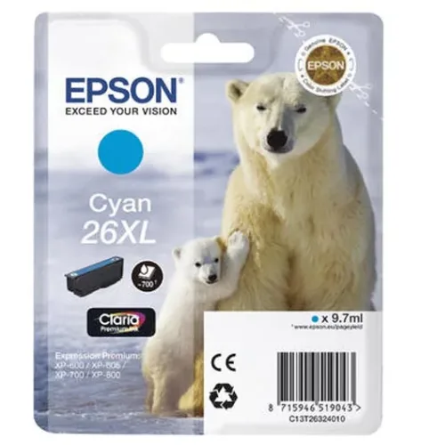 Epson, Epson E26XLc Druckerpatronen XL cy - Epson No. 26XL c, C13T26324010 für z.B. Epson Expression Premium XP -510, Epson Expression Premium XP -520