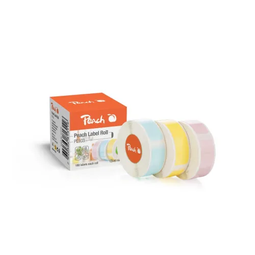 Peach, Peach Thermoetikettenband hellblau, hellgelb und pink | 12x40mm | 180 Etiketten pro Rolle | 3 Farben | PE103