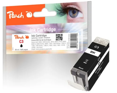 Peach, Peach C3 eBK Druckerpatrone bk ersetzt Canon BCI-3eBK, 4479A002 für z.B. Canon BJC 3000, Canon BJC 3010, Canon BJC 6000, Canon BJC 6100, Canon I 550