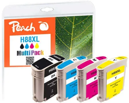 Peach, Peach HP 88 XL 4 Druckerpatronen XL (bk, c/m/y) ersetzt HP No. 88XL, C9391AE, C9392AE, C9393AE, C9396AE für z.B. HP OfficeJet Pro K 5300