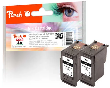 Peach, Peach C540 BK 2 Druckköpfe 2*bk ersetzt Canon PG-540BK, 5225B005 für z.B. Canon Pixma TS 5150, Canon Pixma TS 5151, Canon Pixma MG 3650