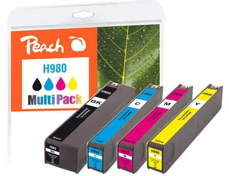 Peach, Peach HP 980 4 Druckerpatronen (bk, c/m/y) ersetzt HP No. 980, D8J07A, D8J08A, D8J09A, D8J10A für z.B. HP OfficeJet Enterprise Color Flow X 585 z MFP