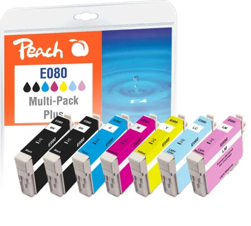 Peach, Peach E807 7 Druckerpatronen (2*bk, cy, cyph, ma, maph, ye) ersetzt Epson T0807, T0801, C13T08074011, C13T08014011 für z.B. Epson Stylus Photo PX 730 WD