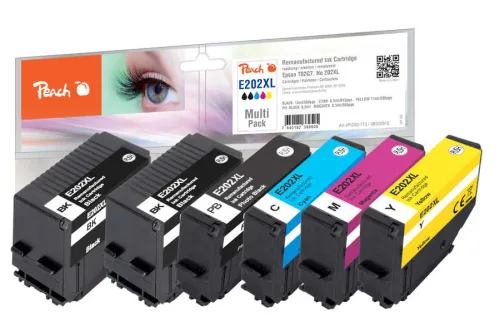 Peach, Peach E202 XL 6 Druckerpatronen XL (2*bk, bkph, c/m/y) ersetzt Epson No. 202XL, T02G1*2, T02H1, T02H2, T02H3, T02H4