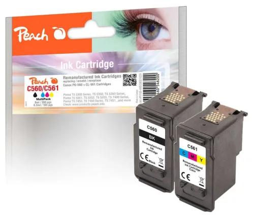Peach, Peach C560 BK 2 Druckerpatronen (bk, col) ersetzt Canon PG-560BK, CL-561C, 3713C006 für z.B. Canon Pixma TS 5350 i, Canon Pixma TS 5351 i