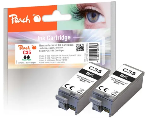 Peach, Peach C35 BK 2 Druckerpatronen bk ersetzt Canon PGI-35BK*2, 1509B001*2 für z.B. Canon Pixma IP 100, Canon Pixma IP 100 Portable, Canon Pixma IP 100 V