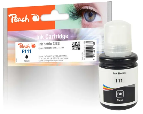 Peach, Peach E111 BK Tintenbehälter pigm. bk ersetzt Epson No. 111BK, C13T03M140 für z.B. Epson EcoTank ETM 1100, Epson EcoTank ETM 1120