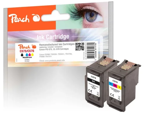 Peach, Peach C575 2 Druckerpatronen (bk, col) ersetzt Canon PG-575, CL-576 für z.B. Canon Pixma TR 4755 i, Canon Pixma TS 3550 i, Canon Pixma TR 4756 i