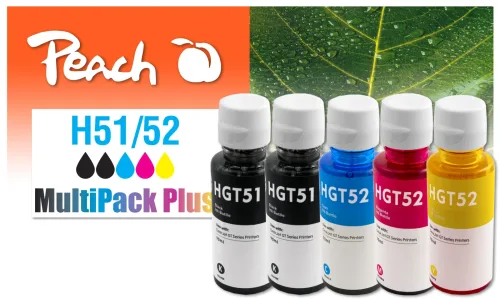 Peach, Peach HP GT51/GT52 5 Druckerpatronen (2*bk, c/m/y) ersetzt HP GT51, GT52, M0H57AE*2, M0H54AE, M0H55AE, M0H56A für z.B. HP DeskJet GT 5800