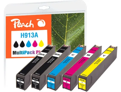 Peach, Peach HP 913 A 5 Druckerpatronen (bk, c/m/y) ersetzt HP No. 913A, L0R95AE, F6T77AE, F6T78AE, F6T79AE für z.B. HP PageWide 352 dw, HP PageWide Pro 450