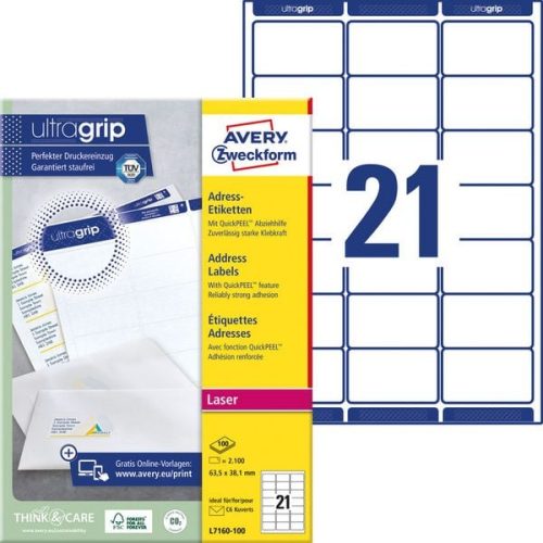AVERY Zweckform, AVERY ZWECKFORM Adressetiketten 63,5x38,1mm L7160-100 weiss 2100 Stk./100 Blatt