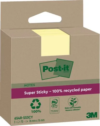 Post-it, POST-IT SuperSticky Notes 76x76mm 654 RSS3CY Recycling,gelb 3x70 Blatt